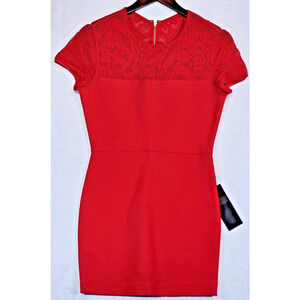BCBG MaxAzria Myley Pointelle Jewel Red Cocktail Dress Knee Length Lace Top Med